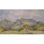 Unsigned, early 20thC watercolour "Alpine chalet in summer", mounted, thin frame, 17 x 30 cm