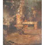 Indistinctly signed, c1920 oil on board, "Blacksmiths interior" framed, 33 x 29 cm