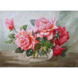 Irene Holdway, mid 20thC watercolour "Vase of Roses", signed, modern thin gold colour frame,