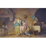 Unsigned 19C oil over print onto wood panel "17thC kitchen interior scene" in superb original frame,