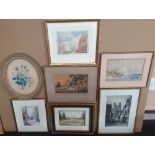 6 antique old watercolours, all framed by differing artists and 1 old print (7).