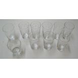 10 small, delicate Victorian glass beakers (9 etched), Mostly approx 9 cm high All generally in very