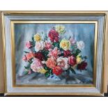 Large indistinctly signed 1965 oil on canvas, "Bowl of roses" in wide expensive original wood frame,