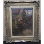 Large, indistinctly signed, mid 20thC Italian street scene oil on canvas, framed 70 x 50 cm