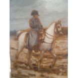 small indistinctly signed French antique oil on wood panel portrait of Napoleon on horseback, modern