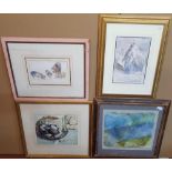 4, 20thC watercolours by differing artists, all framed to include sleeping cats by Norah Pearse etc,