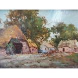 Indistinctly signed, early 20thC, impressionist oil on board, farm buildings, wood frame, 21 x 28 cm