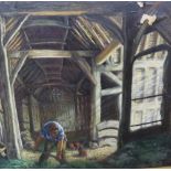 Large, Roy Morris (1890-1967) oil on canvas, "Barn interior scene" framed, 76 x 76 cm, Paint