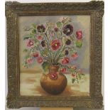H Carl 20thC post-impressionist oil on board, "Vase of flowers" in good ornate frame, 38 x 33 cm