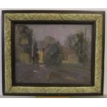 Attributed to Harold Workman, impressionist oil on card, "Street scene", signed and inscribed verso,