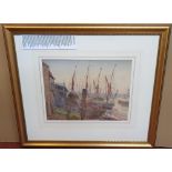 Edith Isabel BARROW (?-1930) watercolour "Boats at low tide, Greenwich", signed, modern moulded