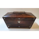 Fine Victorian mahogany tea-caddy with mother of pearl inlay, 31 cm long, No key