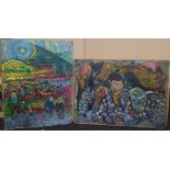 Large pair of modernist colourful 1970s oils on board, indistinctly signed, Both measure approx