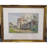 John McDOUGAL (1880-1934) 1921 watercolour "Cherry blossom before timbered country cottage",