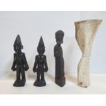 Pair of 1970s Nigerian wood carved fertility (twins) carvings and another wood carving of a male,