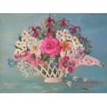 1976 oil on board, "Basket of flowers, signed Chiki, moulded frame, 34 x 45 cm