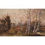 1878 watercolour depicting the Rectory gardens at Great Barling, initialled E.J.M, inscribed in