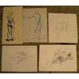 5 small, Peter Collins (1923-2001) pen & pencil, female nudes/portraits, Approx average size is 34 x