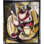 large, Eric BLOOD (1931-2008) cubist oil on board, "The teapot", latin inscriptions but with