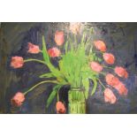 Peter COLLINS (1923-2001) oil on board, "Vase of pink Tulips", studio stamped, framed, The