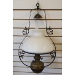 Large antique hanging oil lamp with milk glass shade