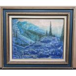 Modernist, rocky mountain landscape, oil on board, initialled EMW in wide, wooden frame, 39 x 49 cm