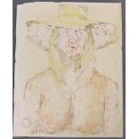 Peter COLLINS (1923-2001) Oil of a topless lady in a big hat size Approx 56 x 41 cm