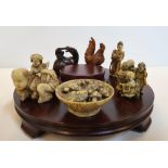 Collection of 14 Japanese netsuke carved figures and animals in bone, wood etc, 1 figure damaged