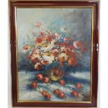 Akis of Cyprus still-life oil on board painting, vase of flowers, also inscribed Cyprus,