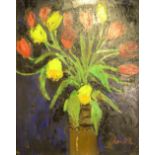 Peter COLLINS (1923-2001) oil on board, "Vase of red & yellow Tulips", framed, The painting measures