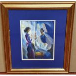 Indistinctly signed watercolours, "Figures at the piano", framed, 22 x 17 cm