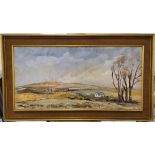 Large Dorothy Ward oil on board, "Extensive baron landscape", signed and in original wide fabric