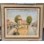 Mid 20thC oil on board, "French busy town scene" in original wide wood frame, unsigned, 39 x 46 cm