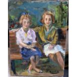 A Merckel French, mid 20thC impressionist oil on canvas, "2 seated girls", signed, unframed, 22 x 16