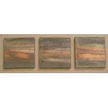 Peter Horrocks, 3 small modernist oils, sunsets, framed as one, unsigned, framed, Each oil is 10 x