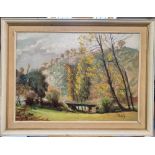 Mid 20thC French country landscape oil on board, signed TOINY, wood frame, 35 x 50 cm