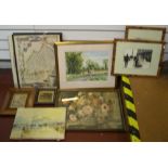 10 items to include a 20thC watercolour depicting a ploughing scene, 3 maps, 2 photos and prints,