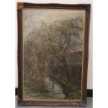 Large impressionist oil on board, of "Over-hanging tree over a river" signed in initalled B.T.N.B