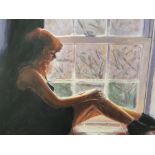 Unsigned c2000 oil on board, "Girl seated by window", framed, The painting measures 52 x 66 cm