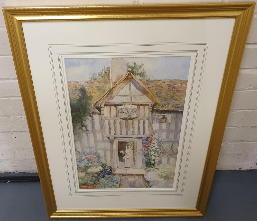 Large David WOODLOCK (1842-1929) watercolour "Lady in cottage doorway", signed, In modern wash mount - Image 2 of 3