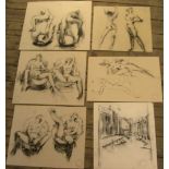 6 Peter COLLINS (1923-2001) chalks, 5 female nude studies & 1 landscape, Approx average size is 30