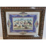 Persian school gouache, hunting & figure scene in painted, inlaid frame, Measuring 8 x 13 cm