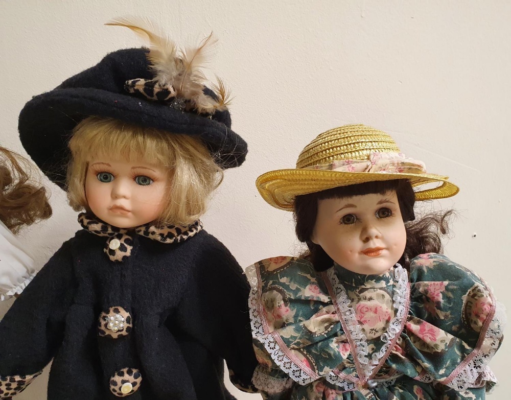 4 porcelain decorative large dolls all on metal stands, 1 with label for Alberon Dolls of London, - Image 3 of 4