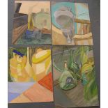 4, Eddie Bianchi (Newcastle-Upon-Tyne active 1975-1995) all still-life abstract oils on paper, all