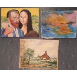 3 oils by different artists including G Haigh, oil of Van Gogh & Mona Lisa portrait, all unframed,