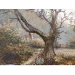 Unsigned, early 20thC oil "Figure in wooded landscape", mounted but unframed, The painting