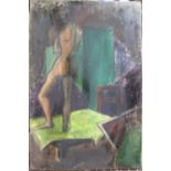 Unsigned, mixed media (oil & pastel), 20thC "Posing female nude in studio", unframed, 41 x 27 cm