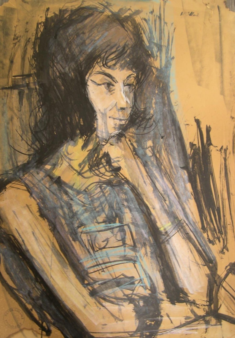 Large Peter COLLINS (1923-2001) watercolour, lady in blue, 50 x 70 cm Tatty/tears round outer some - Image 2 of 4