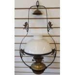 Large Duplex no 1 hanging oil lamp with milk glass shade