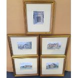 5 Richard W Taylor 1980s small watercolours of country house scenes, all in matching wood frames and